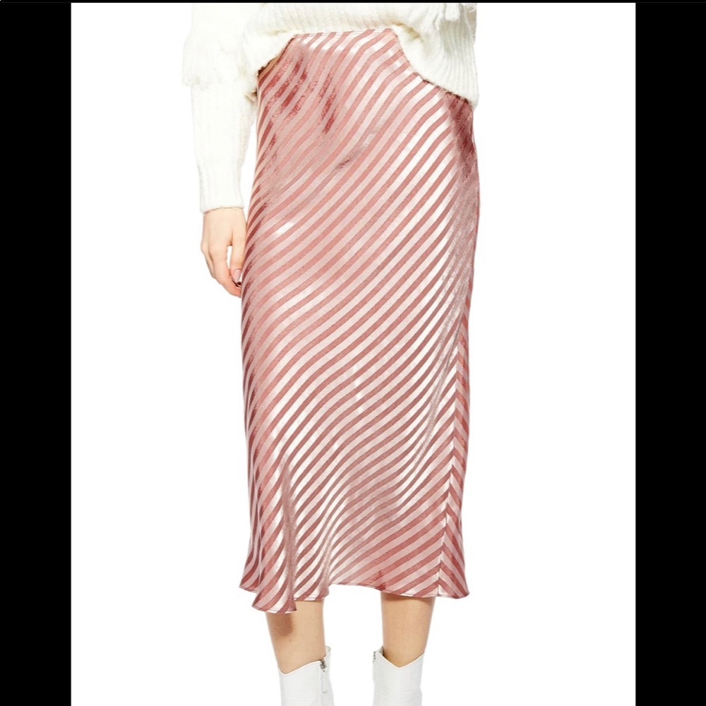 TOPSHOP Pink Stripe Satin Bias Midi Skirt